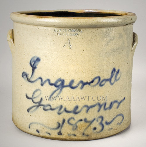 Political Stoneware, Crock, Charles Ingersoll, Connecticut Governor, 1873, entire view